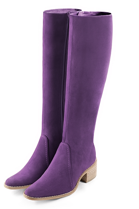 Amethyst purple women's riding knee-high boots. Round toe. Low leather soles. Made to measure. Front view - Florence KOOIJMAN